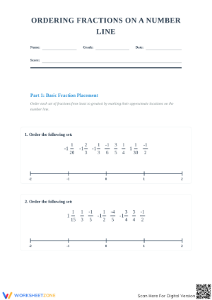 Printable Ordering Fractions on a Number Line Worksheet
