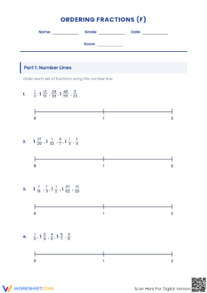 Ordering Fractions on a Number Line | Printable Worksheet