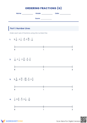 Ordering Fractions on a Number Line Printable Worksheet