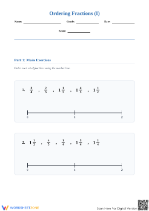 Essential Ordering Fractions on a Number Line Worksheet