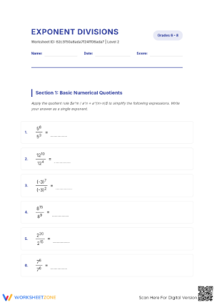 Printable Exponent Division Worksheet | Grade 8 Math