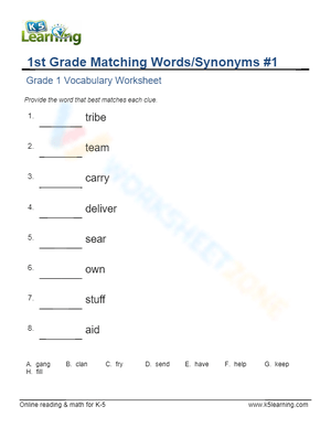 1st Grade Matching Words/Synonyms 1
