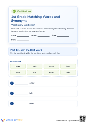 Essential Synonyms Worksheet | Grade 1 Printable