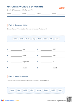 Essential Grade 1 Synonyms Worksheet | Matching Words