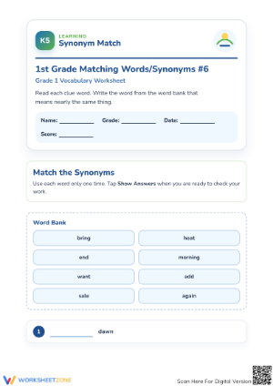 Printable Synonym Match Worksheet | Grade 1 ELA