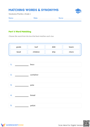Printable Synonym Matching Worksheet | Grade 1 ELA
