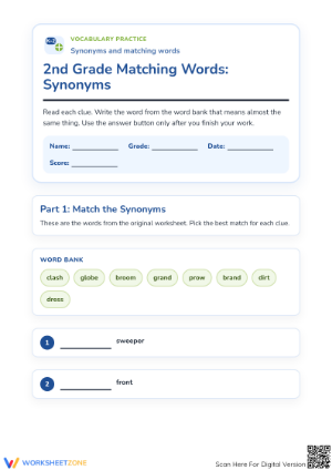Printable Grade 1 Synonym Matching Worksheet | Aligned