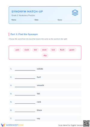 Essential Synonym Practice Worksheet | Grade 1 ELA