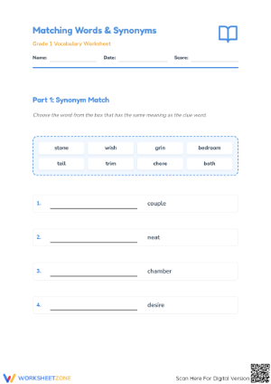 Grade 1 Synonym Matching Worksheet | Essential Practice