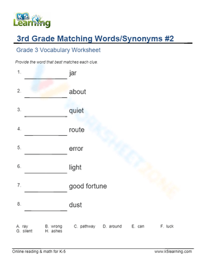 3rd Grade Matching Words/Synonyms 2