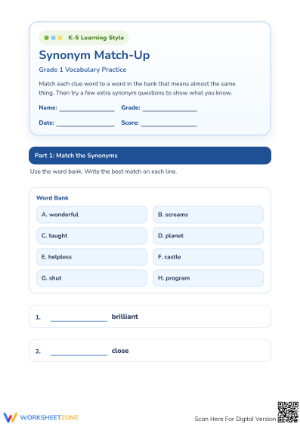 Grade 1 Synonym Match-Up: Printable Vocabulary Worksheet