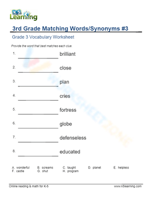 3rd Grade Matching Words/Synonyms 3
