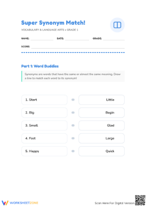 Printable Synonym Match Worksheet | Grade 1 ELA