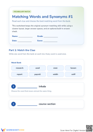 Printable Synonym Match Worksheet | Grade 4 Vocabulary