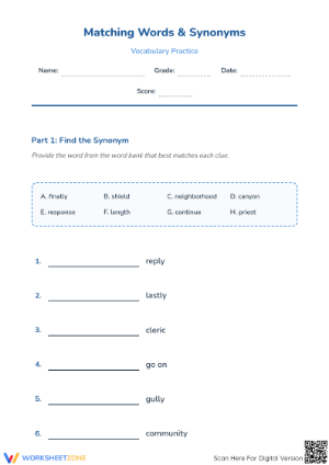 Synonyms Matching Worksheet | Grade 4 ELA Printable