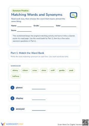 Essential Synonym Practice Worksheet | Grade 1 ELA