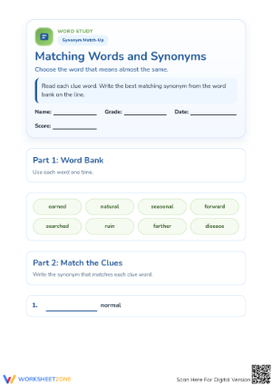 Printable Synonym Match Worksheet | Grade 1 ELA Practice