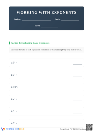 Printable Exponents Practice Worksheet | Grade 6-8 Math