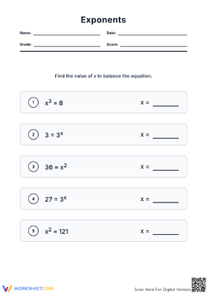 Grade 8 Exponents — Essential Printable No-Prep Worksheet
