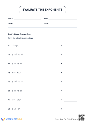 Grade 8 Exponents with Negative Bases | Printable Worksheet