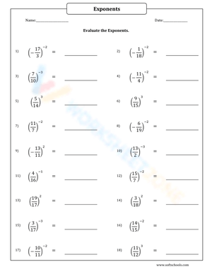 Evaluating Exponents With Fractions Worksheet