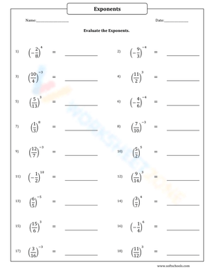 Evaluating Exponents With Fractions Worksheet
