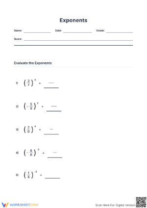 Printable Evaluating Exponents with Fractions Worksheet | Grade 8