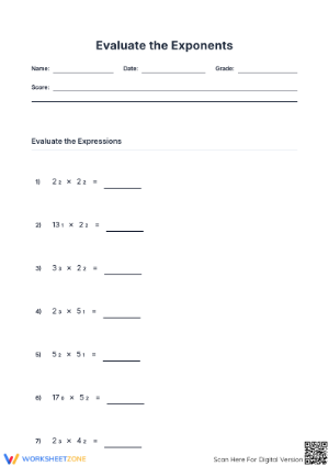 Evaluate Exponents Worksheet | Grade 6-8 Printable