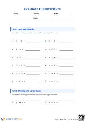 Printable Evaluating Exponents Worksheet | Grade 6-8 Math