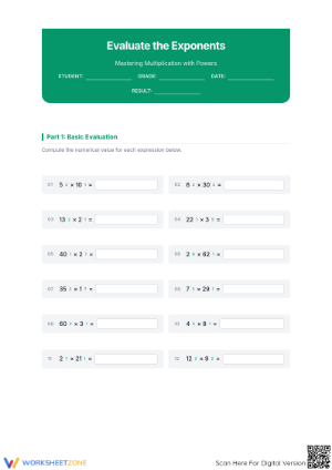 Printable Exponent Multiplication & Evaluation Worksheet
