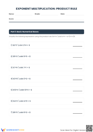 Printable Exponent Multiplication Worksheet | Grade 8 Math