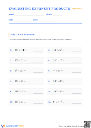Essential Evaluating Exponent Products Worksheet | Grade 6-8