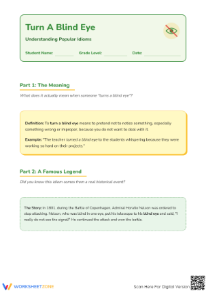 Turn a Blind Eye Idiom Worksheet | Grade 3-6 Essential
