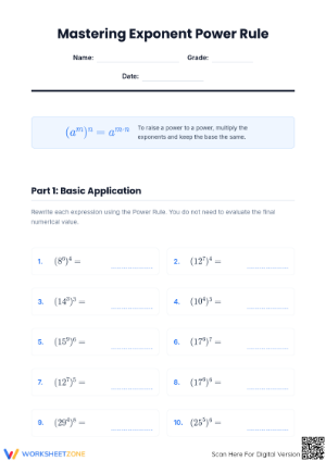 Printable Power Rule Exponents Worksheet | Grade 8 Math
