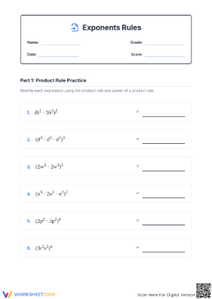 Printable Exponents Rules Practice Worksheet | Grade 8 Math