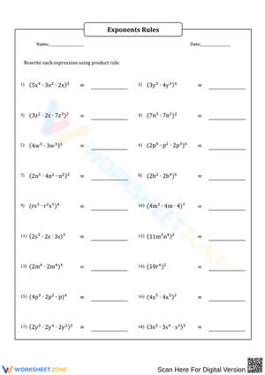 Exponent Rules Worksheet for Simplifying Expressions