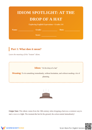 At the Drop of a Hat Idiom Worksheet | Printable ELA Grade 4