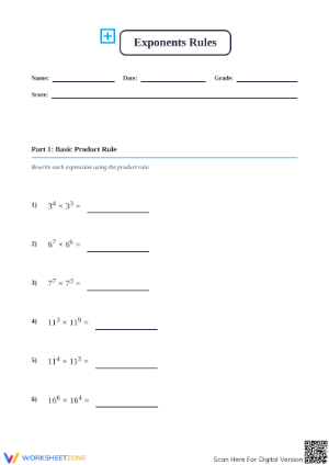 Printable Exponents Product Rule Worksheet | Grades 6-9 Math