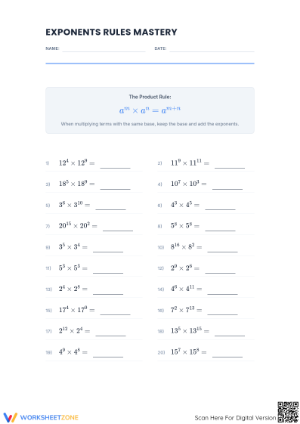 Printable Exponent Product Rule Mastery Worksheet — Grade 8