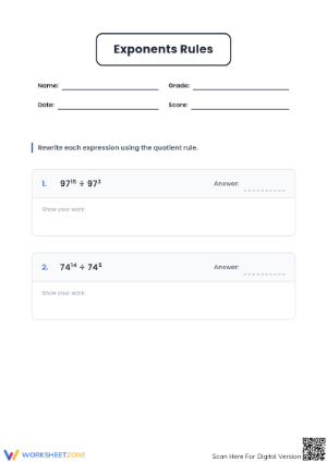 Printable Exponent Quotient Rule Worksheet | Grades 6-8