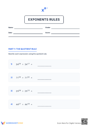 Printable Exponent Quotient Rule Worksheet | Grades 7-8