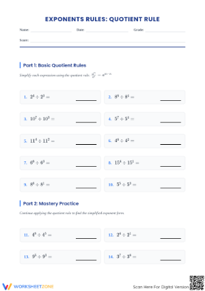 Essential Quotient Rule of Exponents Wksht | Grade 8 Math