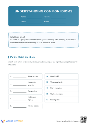 Essential Idioms Matching Worksheet | Grade 4 ELA
