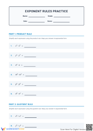 Printable Exponents Rules Practice | Grade 8 Math