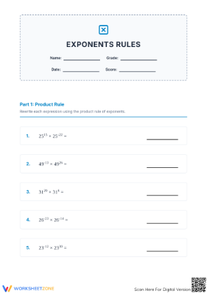 Printable Exponents Rules Worksheet | Grade 8 Math