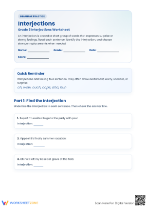 Printable Interjections Worksheet | Grade 5 ELA Grammar