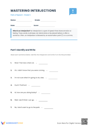 Grade 5 Interjections — Printable No-Prep Worksheet