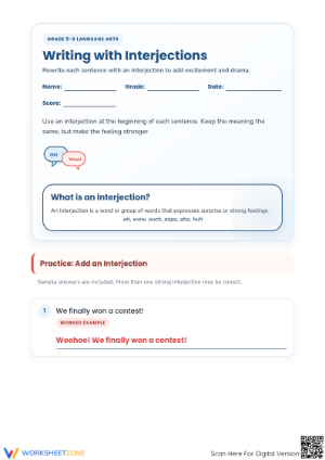 Essential Interjections Practice Worksheet | Grade 5-6