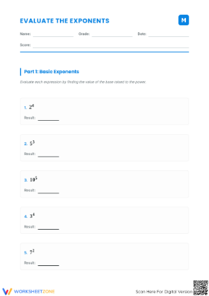 Evaluate Exponents Worksheet | Printable Grade 6-8 Math