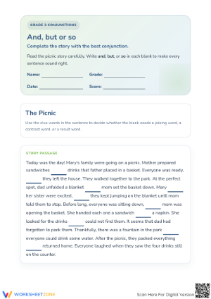 Printable Grade 3 Conjunctions: And, But, Or, So Worksheet